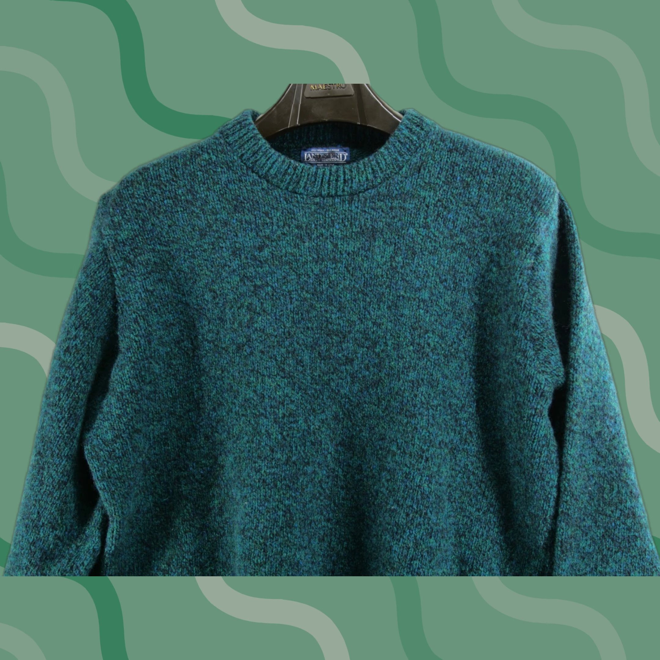 VINTAGE Lands End Wool Blend Crew Neck Sweater XL Green Women Pullover Heavyweight All Seasons Retro Fall Winter