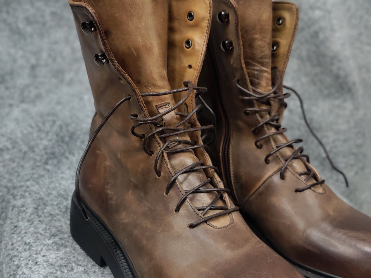 Lemargo Design Combat Leather Brown Lace Up Zip Womens Boots