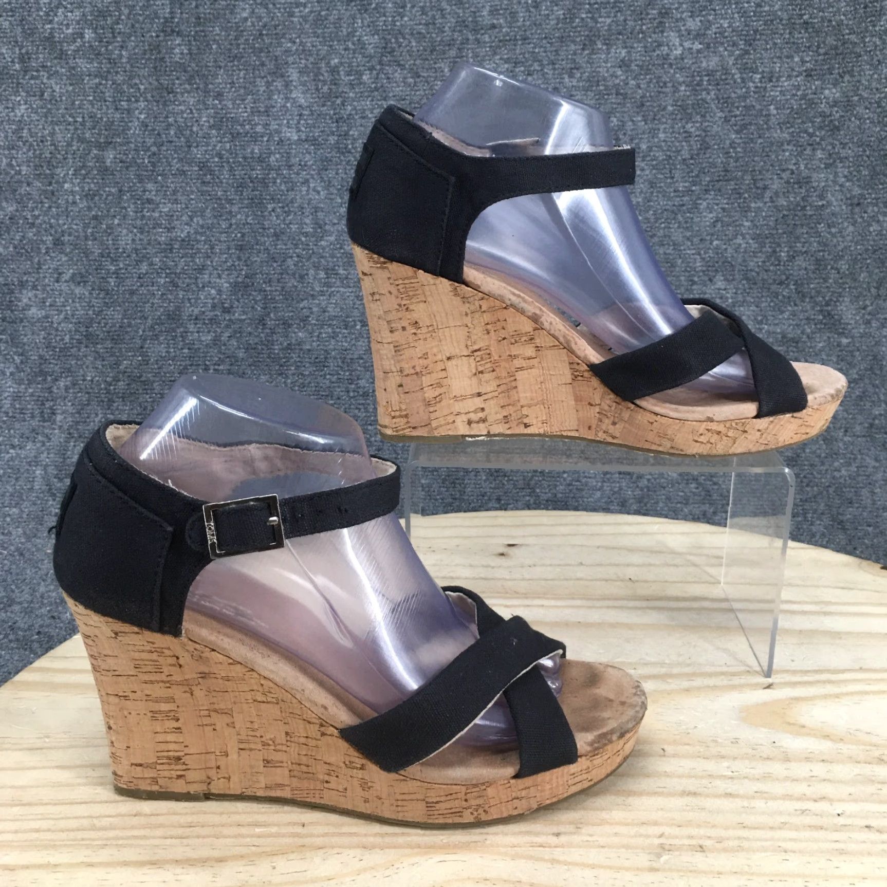 Toms TOMS Sandals Womens 9 Clarissa Ankle Strappy Black Wedge Cork Buckle Casual Size US 9 / IT 39 - 2 Thumbnail