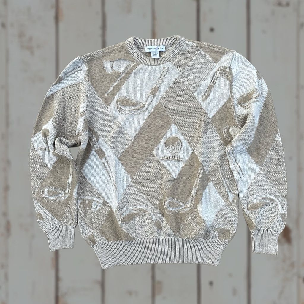 Gloverall VINTAGE Cypress Links All Over Golf Motif Sweater Adults Large Beige White Knit VTG Size US L / EU 52-54 / 3 - 1 Thumbnail
