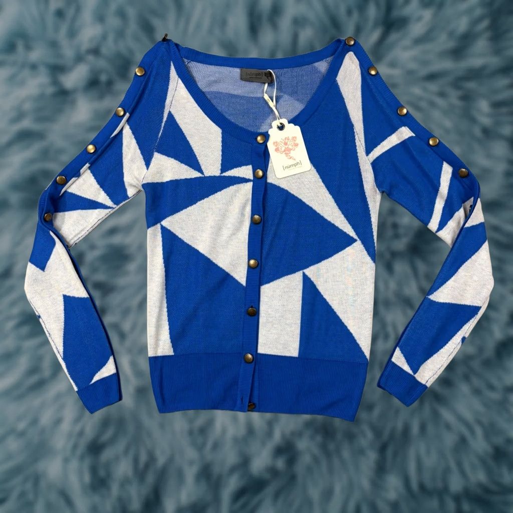 Vintage Numph Anna Blue White Geometric Button Cold Shoulder Cardigan Sweater M NS? Size M / US 6-8 / IT 42-44 - 1 Thumbnail