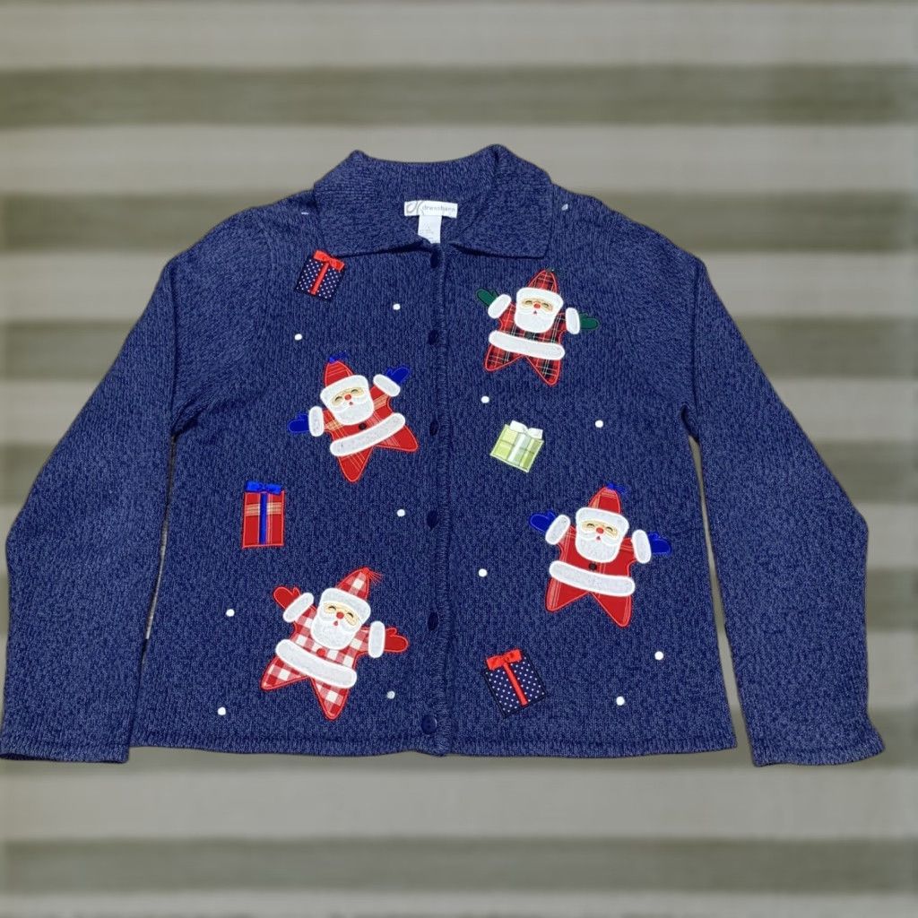 Vintage Dressbarn Women’s Large Ugly Christmas Sweater Dress Blue Santa Claus Presents Cardigan Knit Holiday Womens Long Sleeve Crewneck Christmas - Size L / US 10 / IT 46 - 1 Thumbnail
