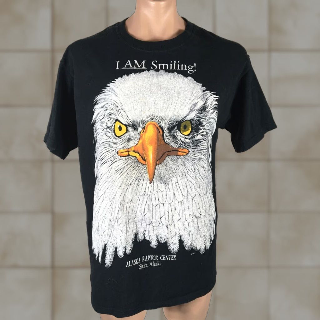 VINTAGE Anvil Black Tee Shirt Men L Sz L Bald Eagle Logo Patriotic Graphic Print Crew Neck Short Sleeve Preshrunk Cotton Made in United States