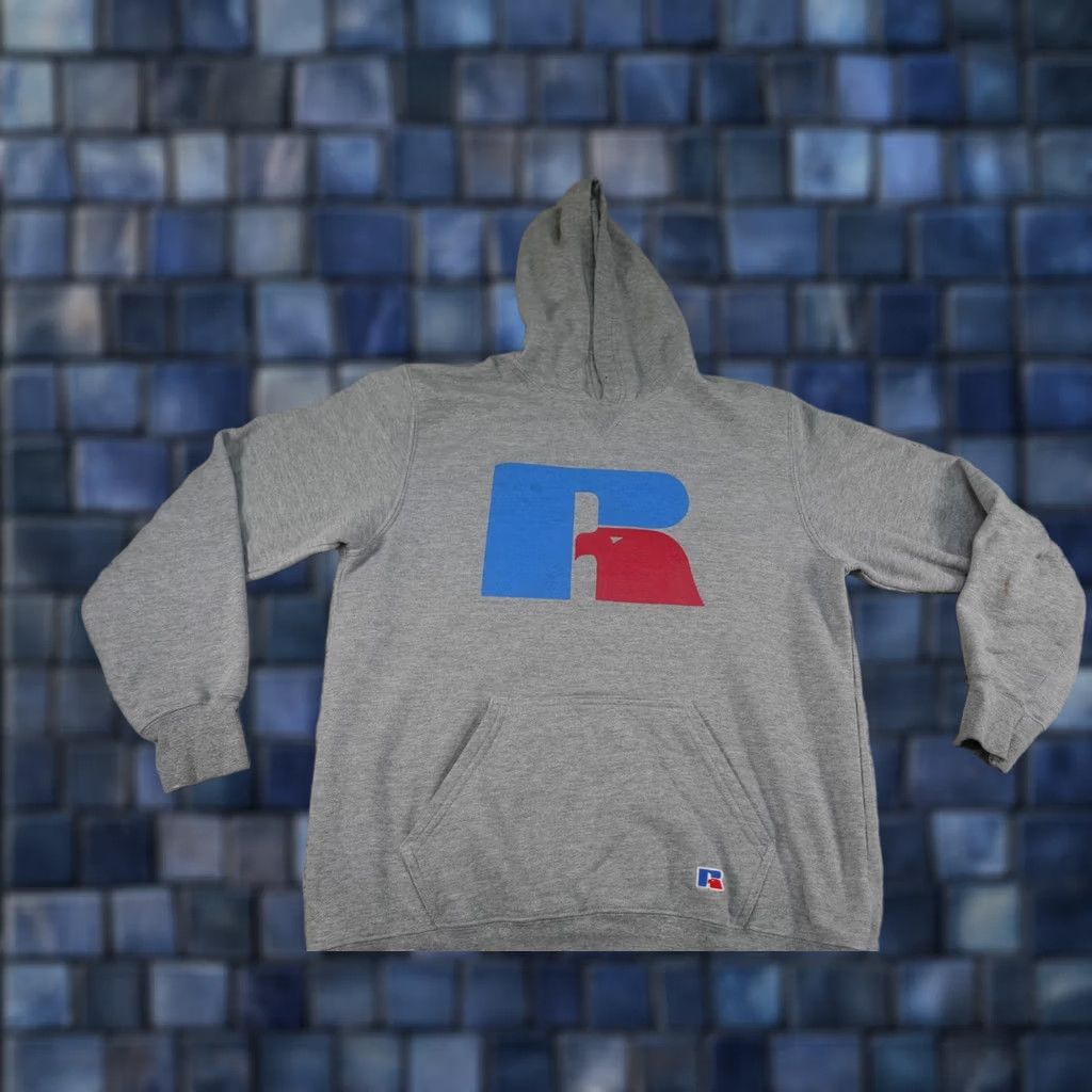 Russell Athletic VINTAGE Russell Athletic Hoodie Mens Large Gray Graphic Print Logo Pullover Fleece Kangaroo Pocket Size US L / EU 52-54 / 3 - 1 Thumbnail