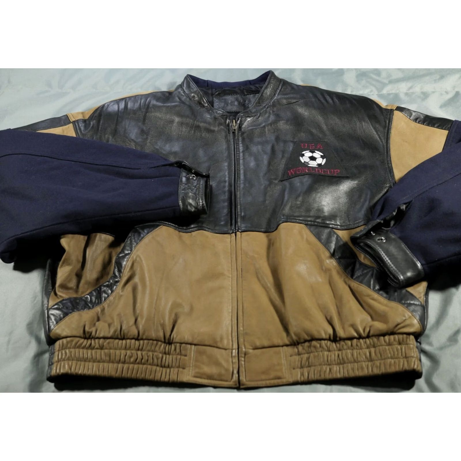Vintage VINTAGE J Elkins USA World Cup Jacket Mens Black Brown Leather Wool 90s Bomber Jacket Short Zip Lined Full Zip All Seasons Fashion Sports USA Mens Size US XXL / EU 58 / 5 - 2 Thumbnail