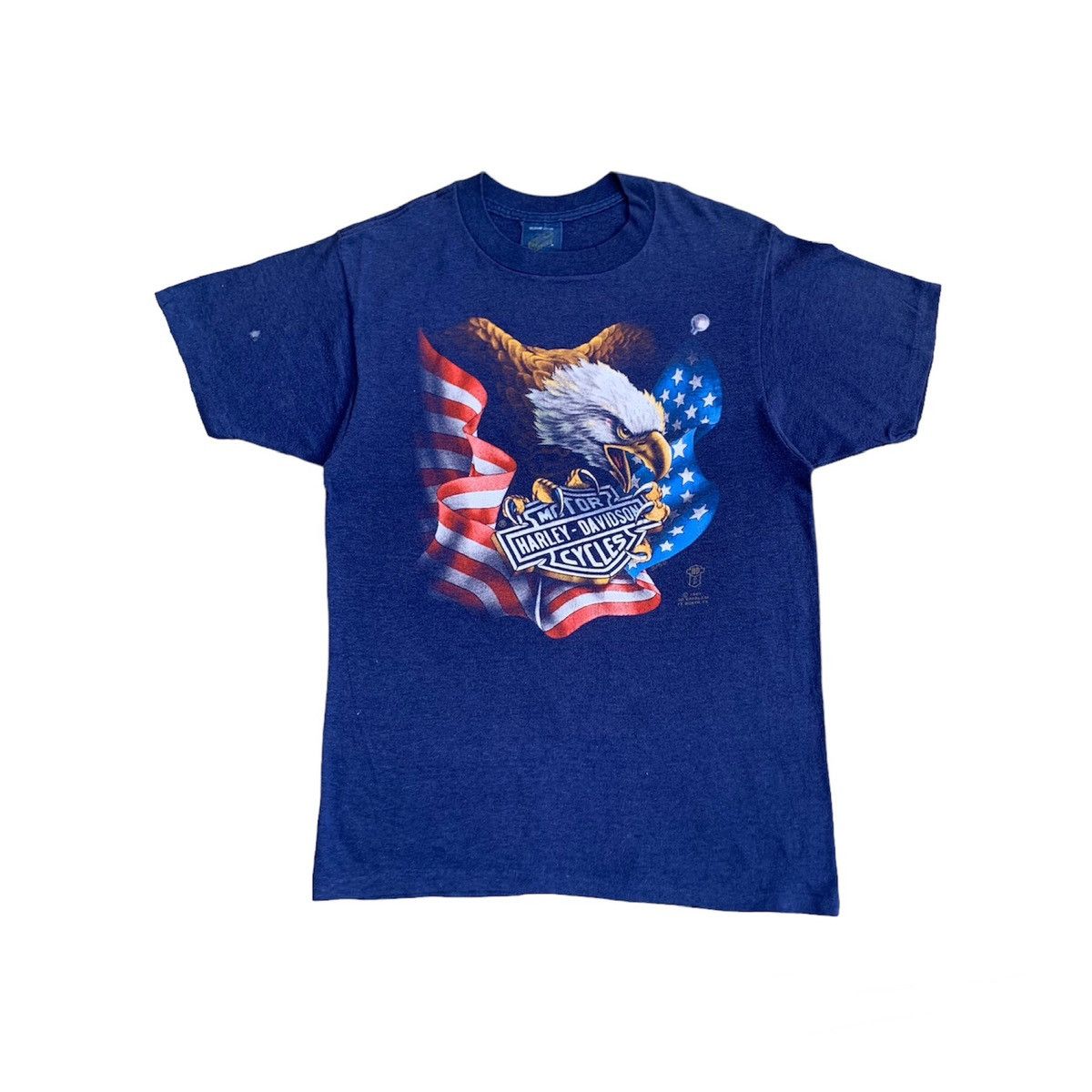 image of Vintage 80's Harley Davidson 1987 3D Emblem Eagle Usa Flag in Blue, Men's (Size Medium)