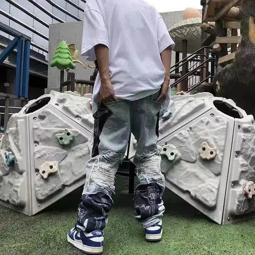 Japanese Brand × Jean High street tassel patch ripped baggy jeans Size US 32 / EU 48 - 3 Thumbnail