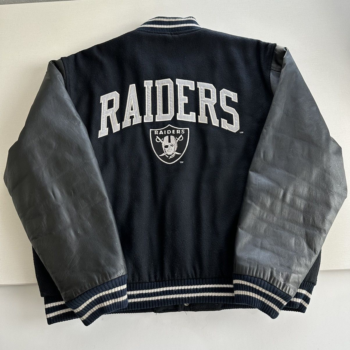 image of Logo Athletic x Oakland Raiders Vintage 80's Raiders Letterman Wool Varsity Bomber Jacket in Black 