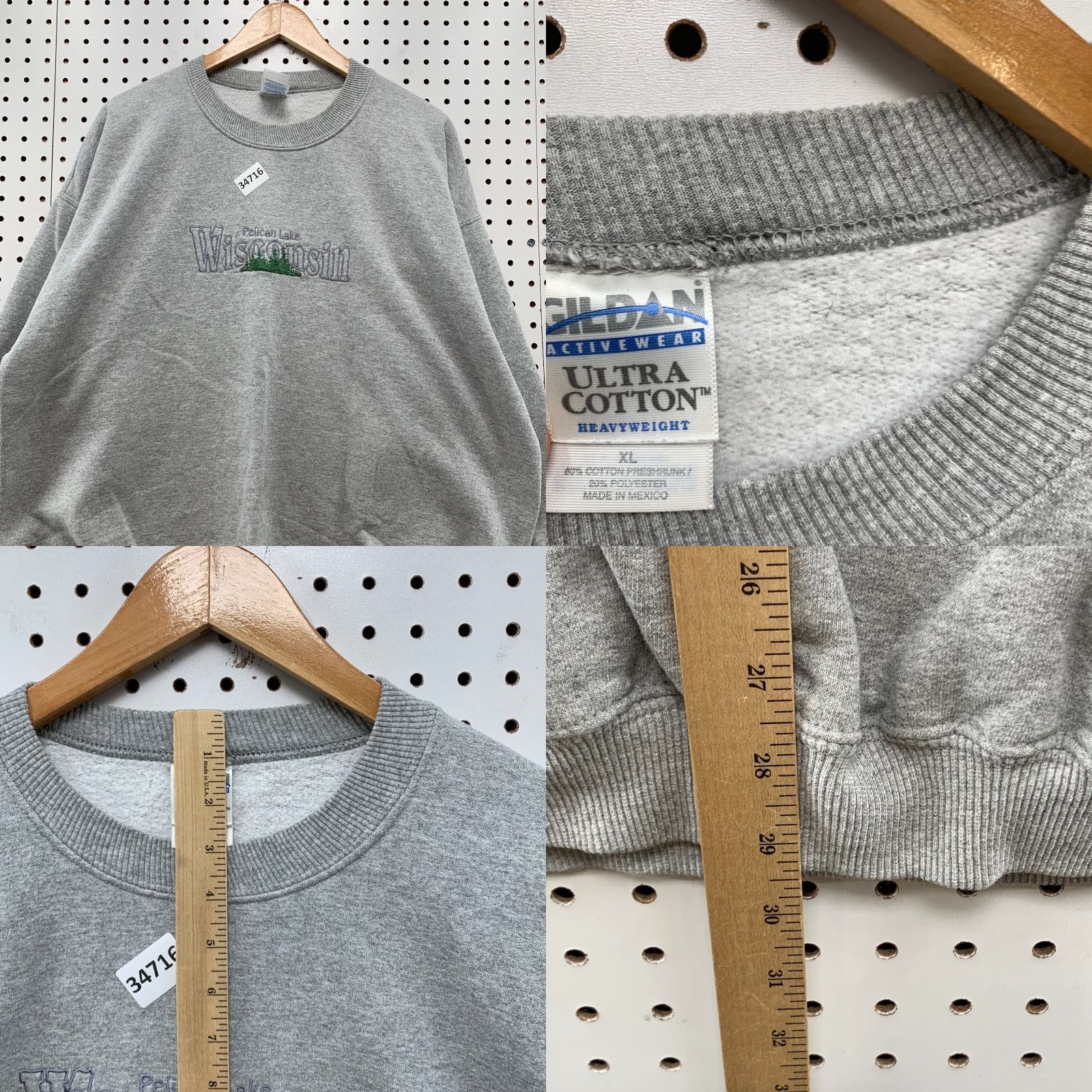 Gildan VINTAGE Wisconsin Pelican Lake Sweatshirt Mens XL Gray Fleece Pullover 26x29.5 Size US XL / EU 56 / 4 - 8 Thumbnail