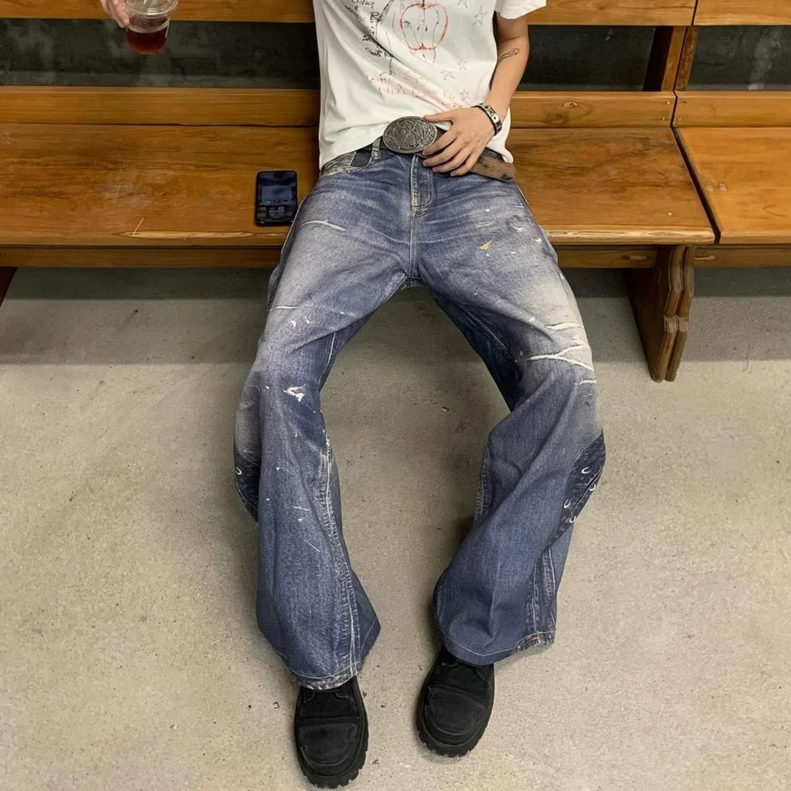 Japanese Brand Blue Distressed Baggy Wide Leg Jeans, Vintage Style Denim Size US 30 / EU 46 - 3 Thumbnail