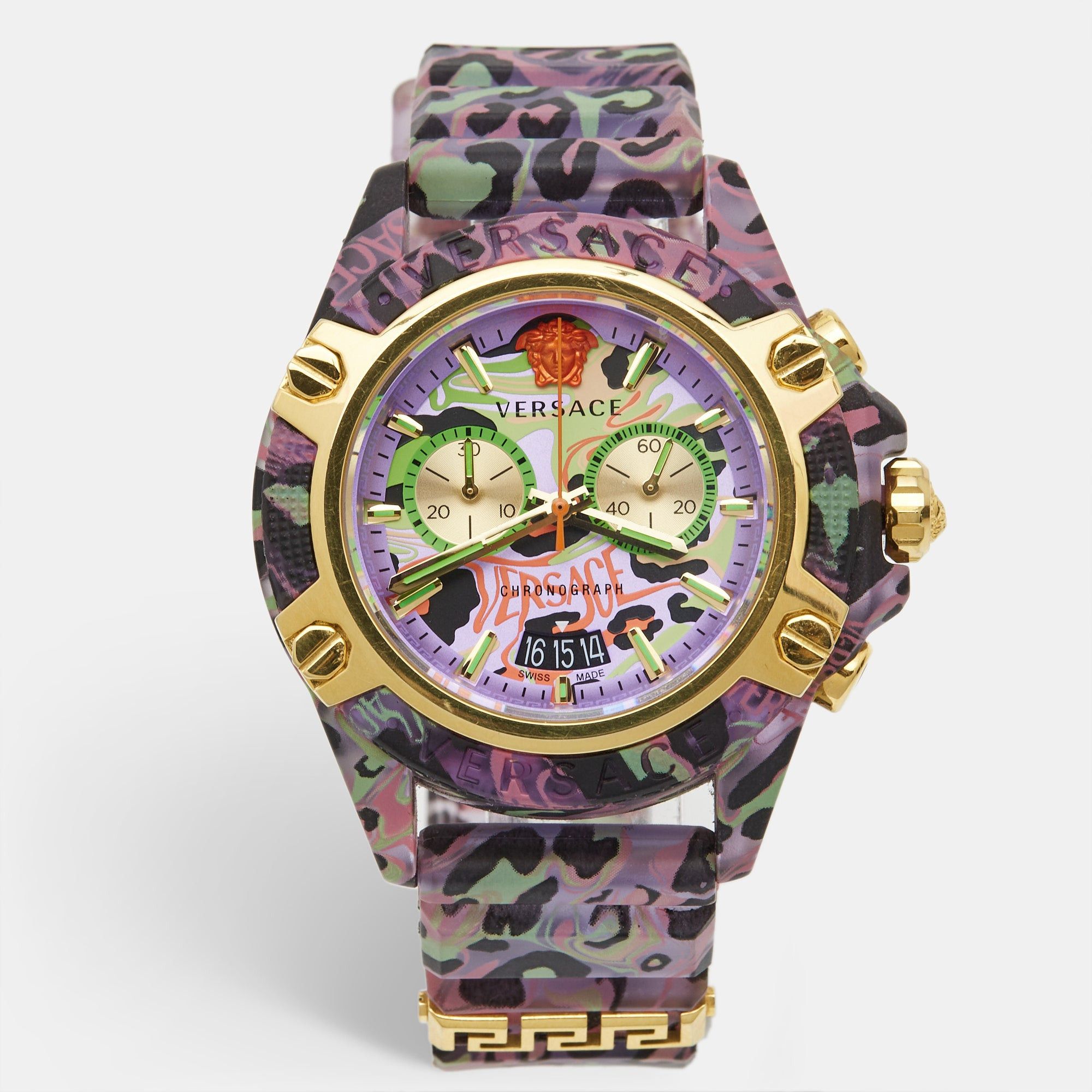 image of Versace Purple Icon Chrono Active Ve27 Lilac Leopard Print Unisex Wristwatch 44Mm, Women's