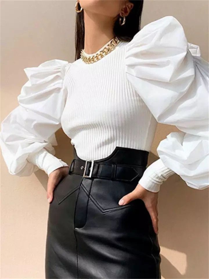 Hirigin OL Women Ladies Long Puff Sleeve Blouse