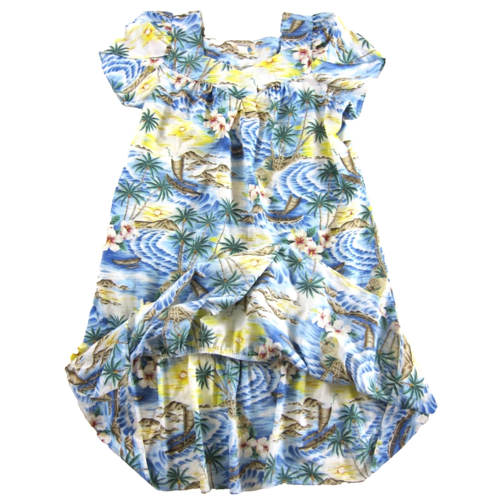 Vintage VINTAGE KY'S Hawaii Blue Yellow Pink Palm Tree Floral Short Sleeve Midi Dress XL Size 40" / US 18 - 5 Thumbnail