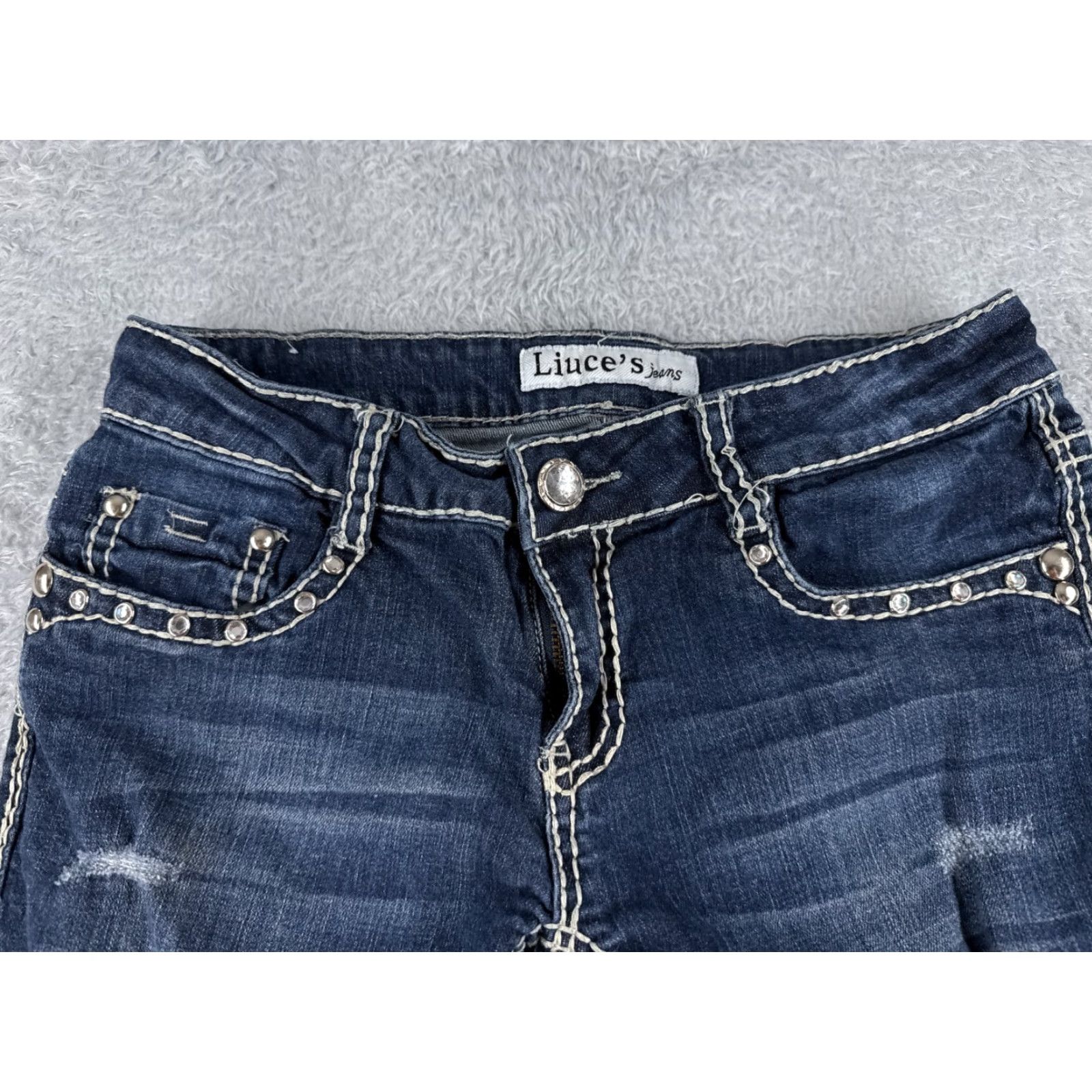Denime Liuces Jeans Womens 7 Blue Denim Bootcut Distressed Dark Low Rise 25x26 Hemmed 26 Inseam Regular 5-Pocket Logo Embroidered Button Cotton Blend Stretch Size 28" / US 6 / IT 42 - 4 Thumbnail