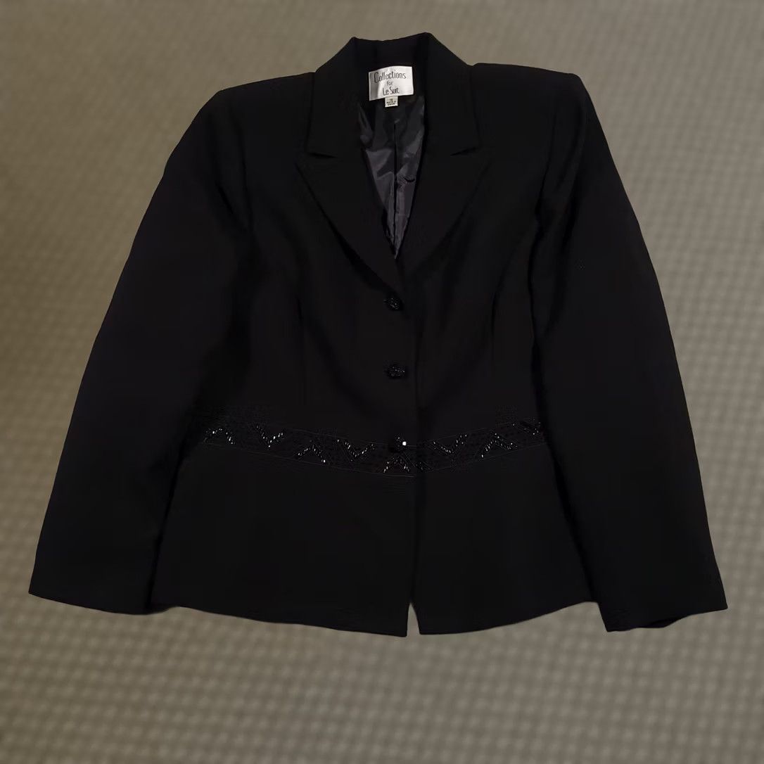 Vintage Le Suit Blazer Jacket Women 16 Black Shoulder Pads Three Button Lined Beaded Size XXL / US 16-18 / IT 52-54 - 1 Thumbnail
