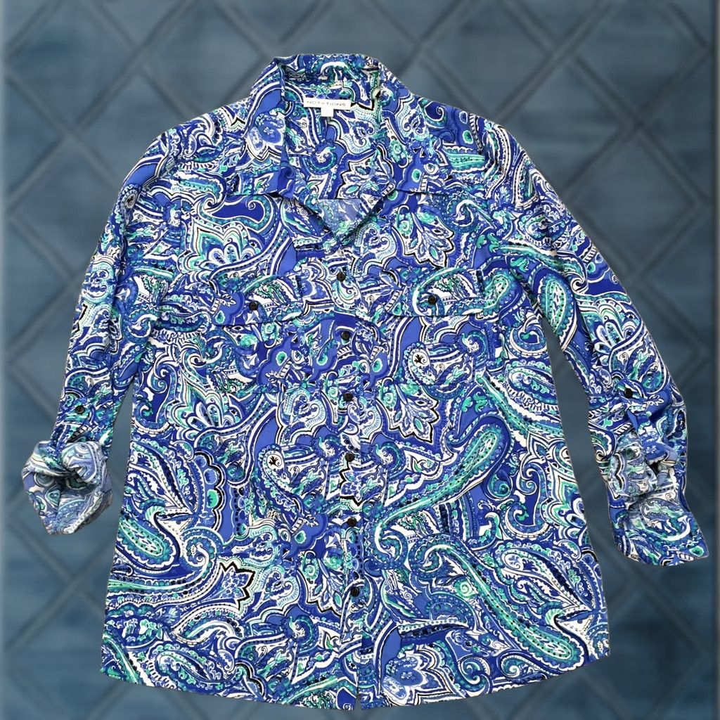 Vintage Notations Shirt Womens Small Blue Paisley Roll Tab Long Sleeve Button Up Size S / US 4 / IT 40 - 1 Thumbnail