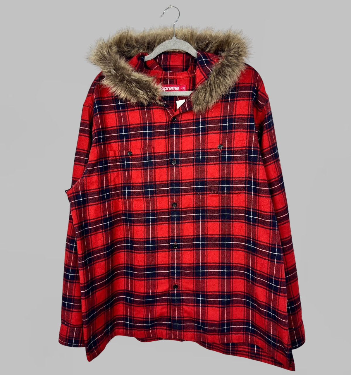 Supreme SUPREME PLAID CHECKED RED FUR HOOD LINED JACKET SIZE L NEW Size US L / EU 52-54 / 3 - 2 Thumbnail