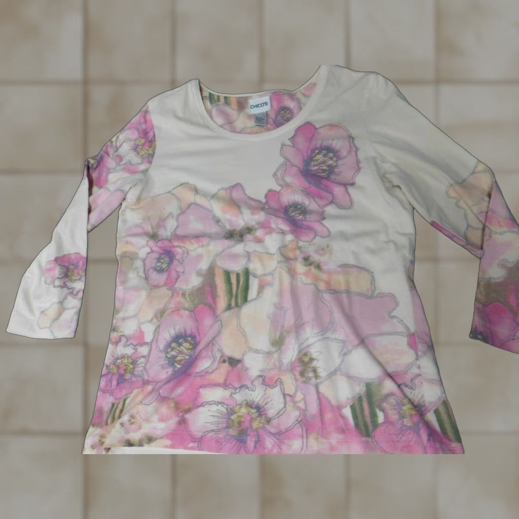 Vintage Chicos Blouse Shirt Beige Floral Crew Neck Long Sleeve Pullover Cotton Stretch Designer Womens Regular Size 1 Size XS / US 0-2 / IT 36-38 - 1 Thumbnail