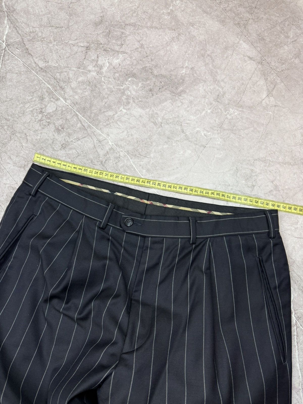 Burberry Burberry Pinstripe Pants Black Navy Wool Pleated Plaid Trim Size US 36 / EU 52 - 13 Thumbnail