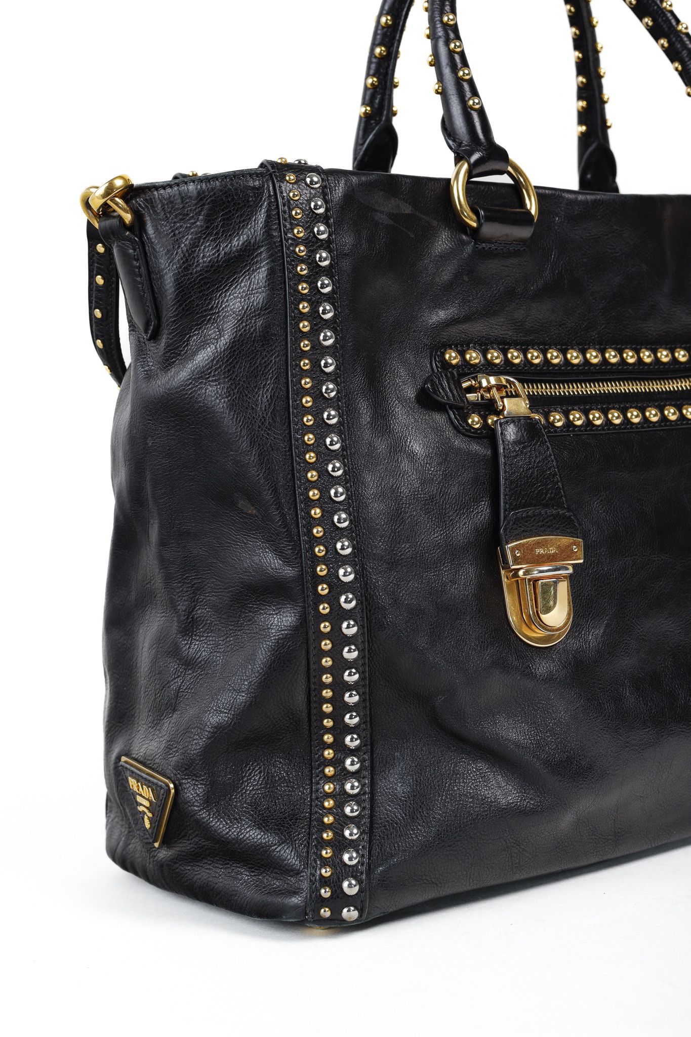 Prada Prada Craquele Nero Glace Calf Leather Studded Shopper Tote Size ONE SIZE - 11 Thumbnail