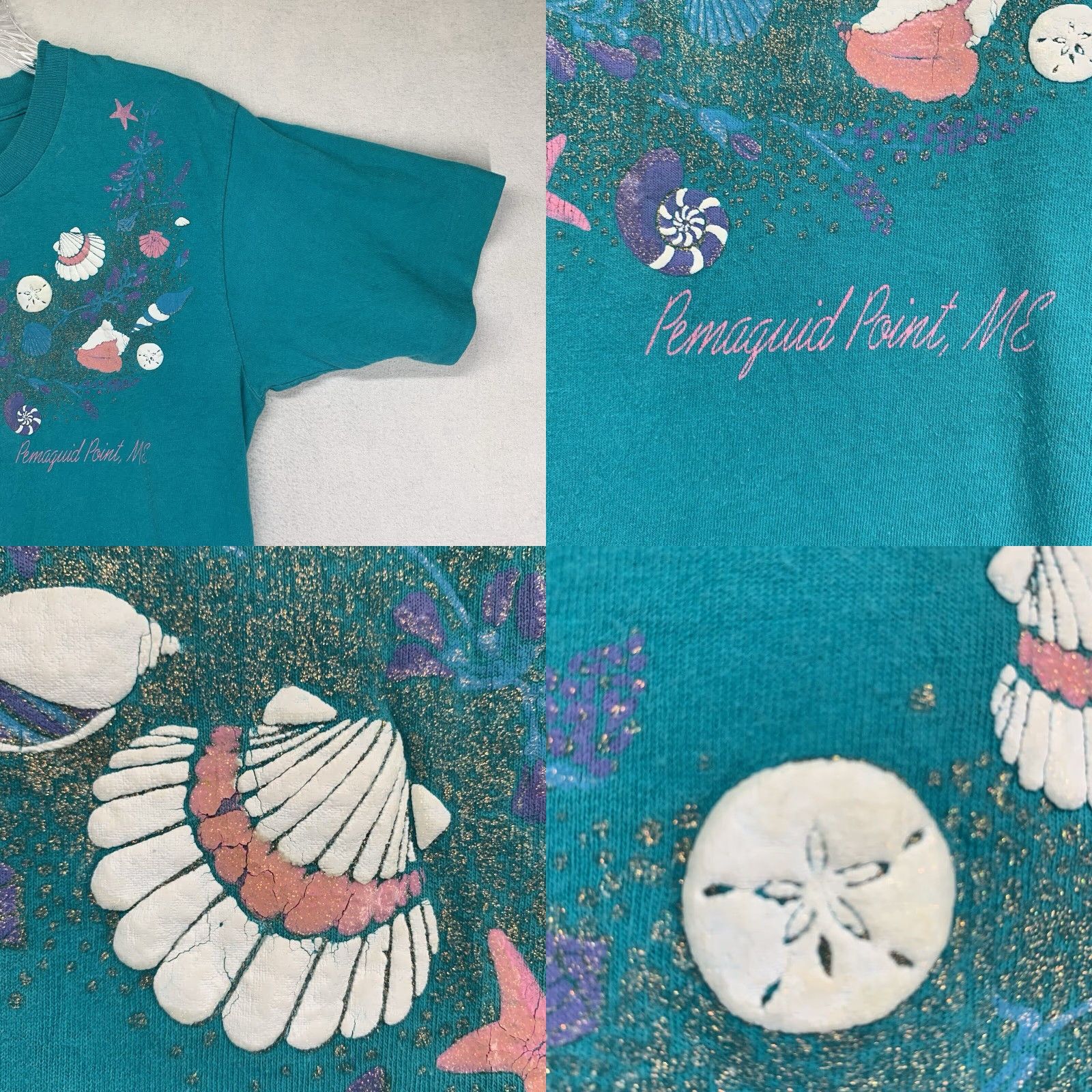 Fruit Of The Loom VINTAGE Fruit of the Loom T-Shirt Unisex Adults Medium Blue Beach 80s 90s Seal Shell Glitter Artwork Size US M / EU 48-50 / 2 - 8 Thumbnail