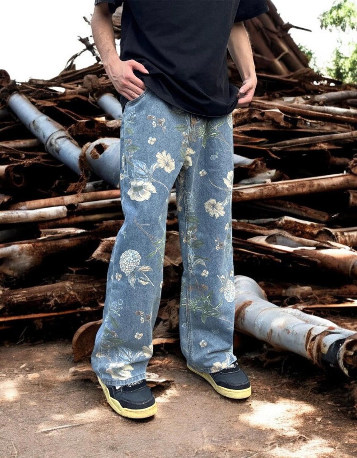Vintage Floral Print Straight Leg Denim Jeans Size US 34 / EU 50 - 3 Thumbnail
