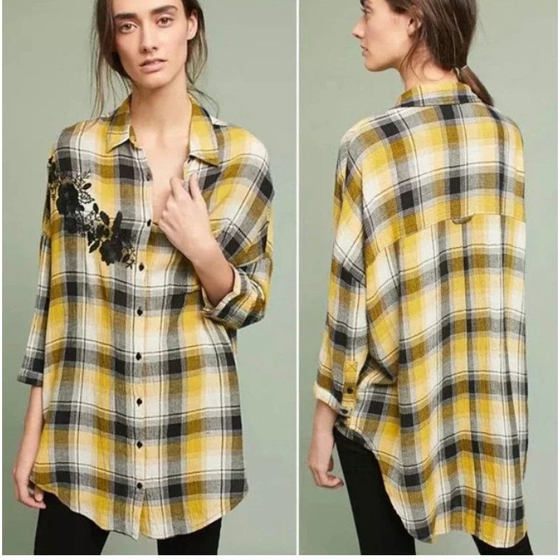 Anthropologie Anthropologie Maeve Embroidered Plaid Oversized Shirt XS/S Size XS / US 0-2 / IT 36-38 - 1 Thumbnail