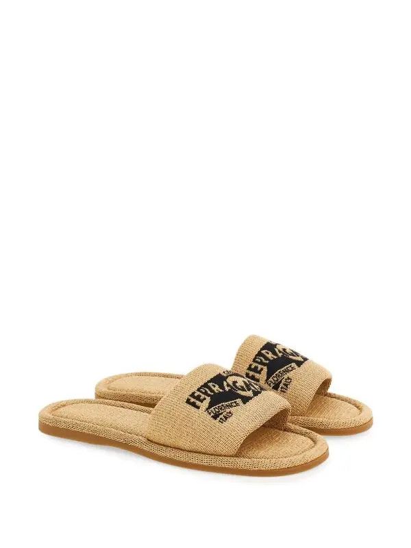Salvatore Ferragamo o1s1rm1225 Logo-embroidered Raffia Slides in Beige/Black Size US 8 / IT 38 - 2 Thumbnail