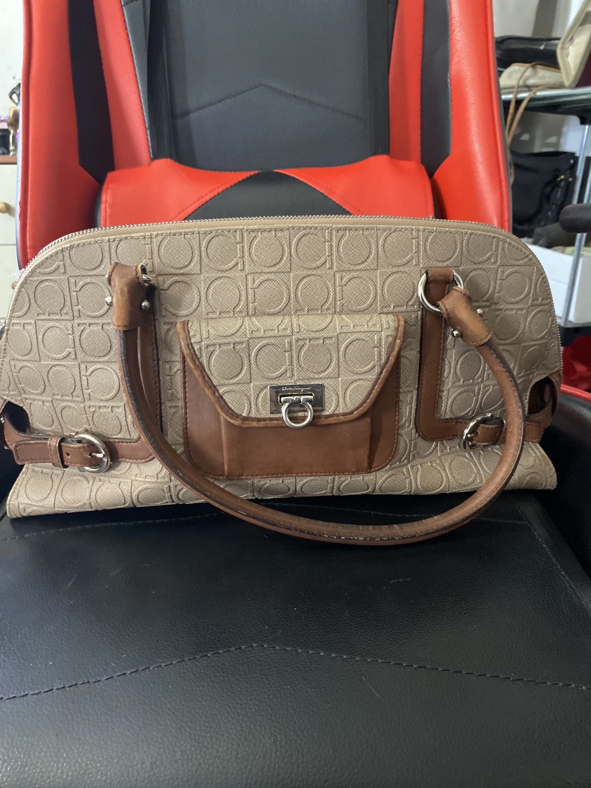 Salvatore Ferragamo Salvatore Ferragamo Beige Brown Gancini Embossed Leather zip Size ONE SIZE - 1 Thumbnail