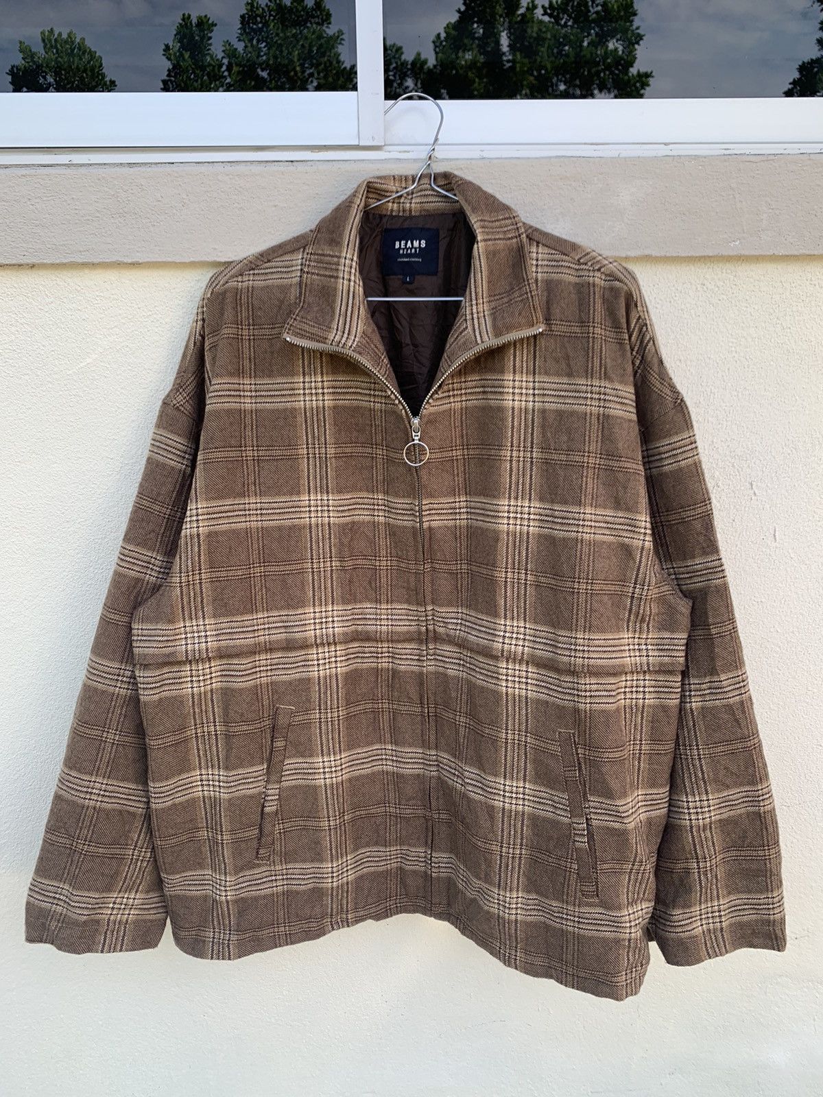 image of Beams Plus x Free Style Steals Beams Heart Checkered Style Zipper Jacket in Brown (Size Large)
