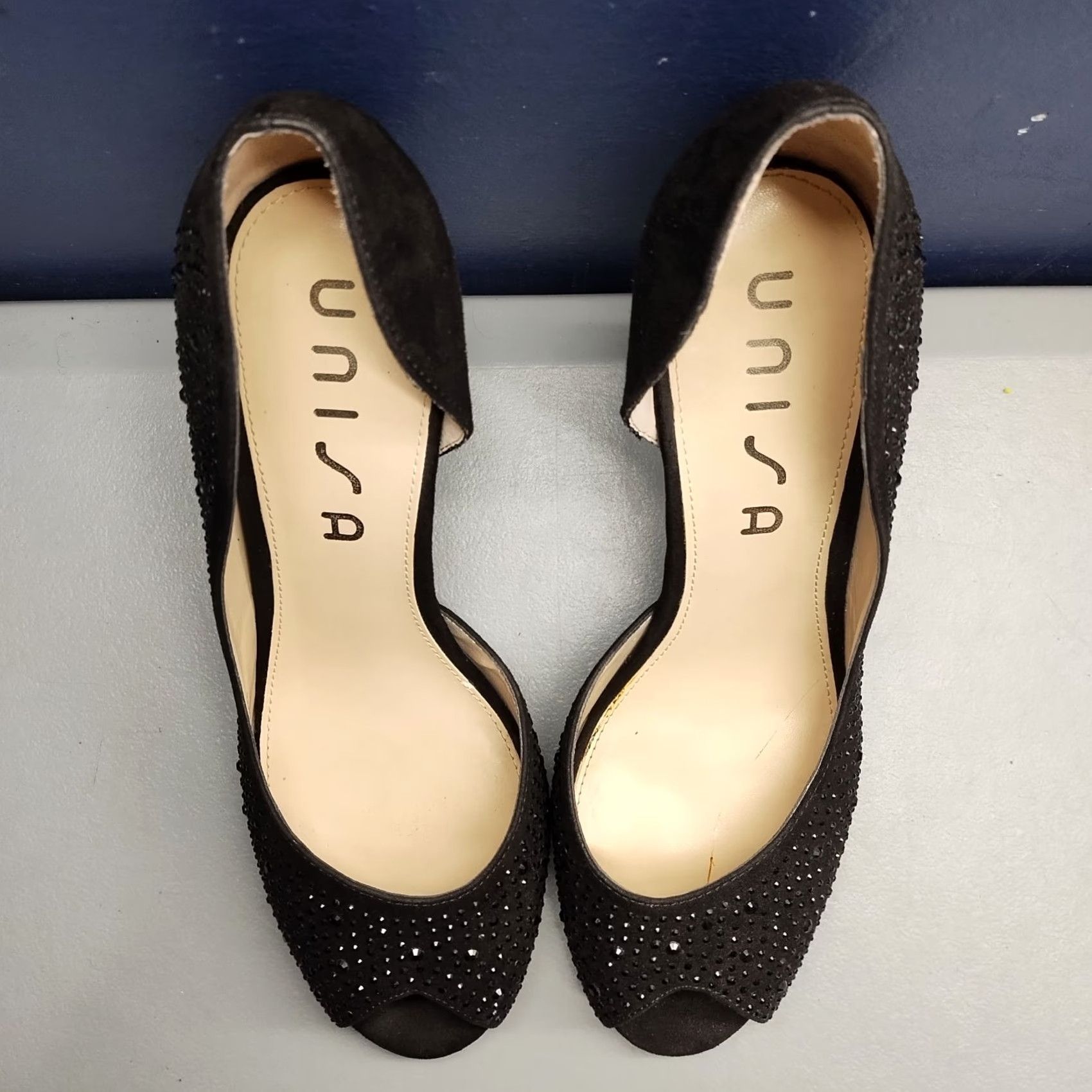 Vintage Unisa Juju Stiletto Pump Heels Womens US Size 8M Black Studded Peep Toe Slip On Size US 8 / IT 38 - 7 Thumbnail