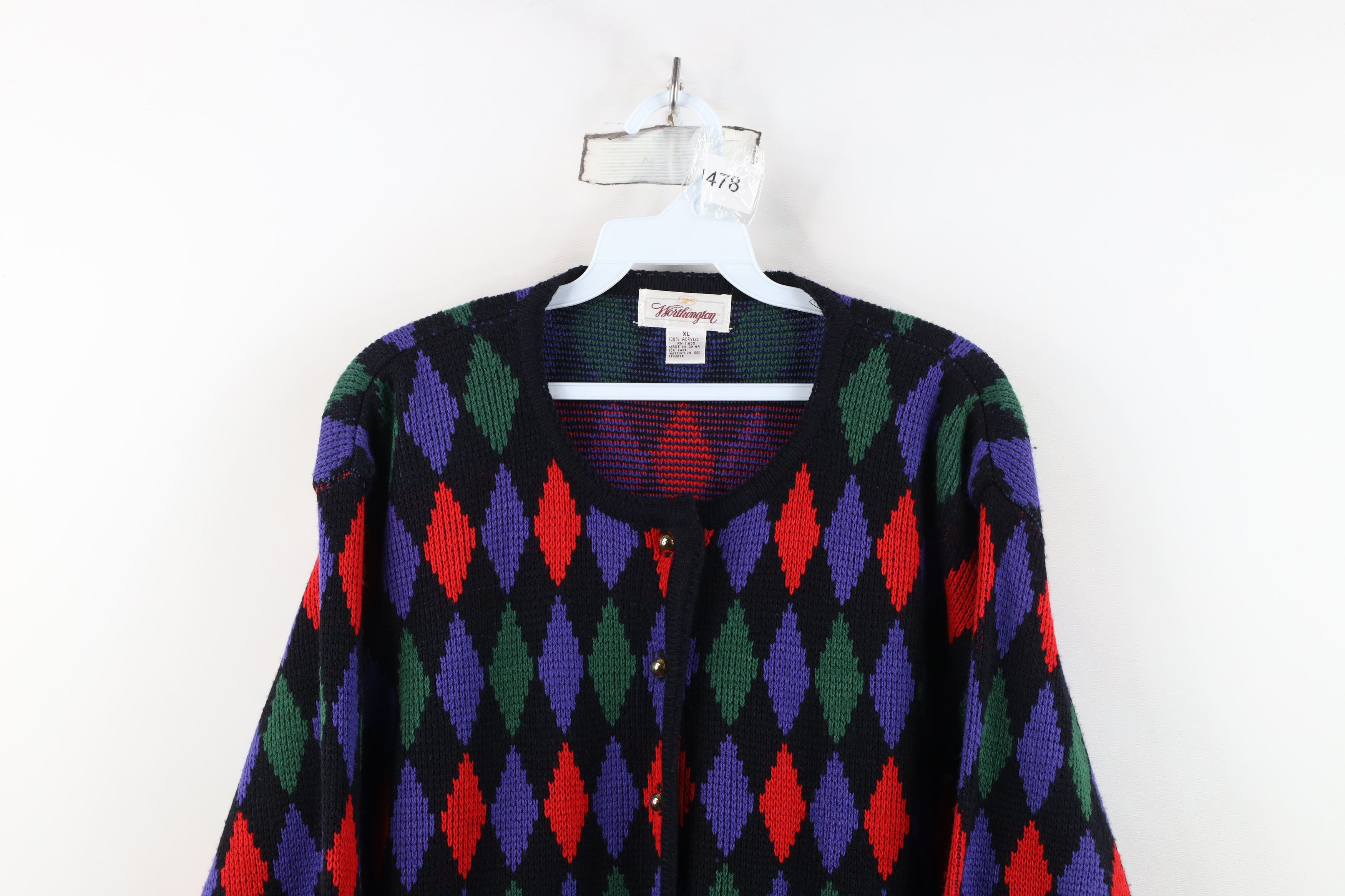 Vintage Vintage 90s Streetwear Diamond Knit Cardigan Sweater Acrylic Size XL / US 12-14 / IT 48-50 - 2 Thumbnail