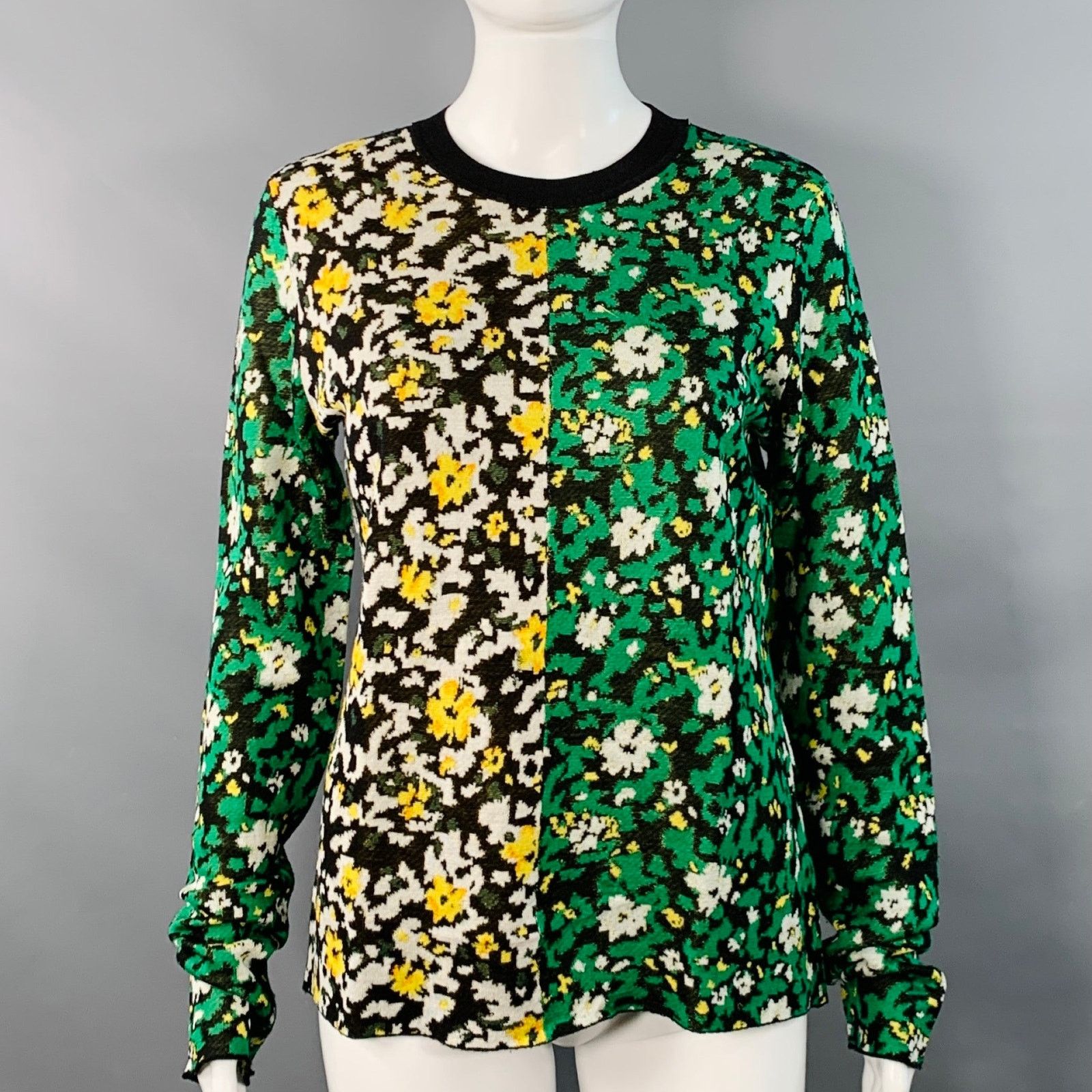 Proenza Schouler M Black Green White Silk Color Block Floral Pullover Size M / US 6-8 / IT 42-44 - 1 Thumbnail