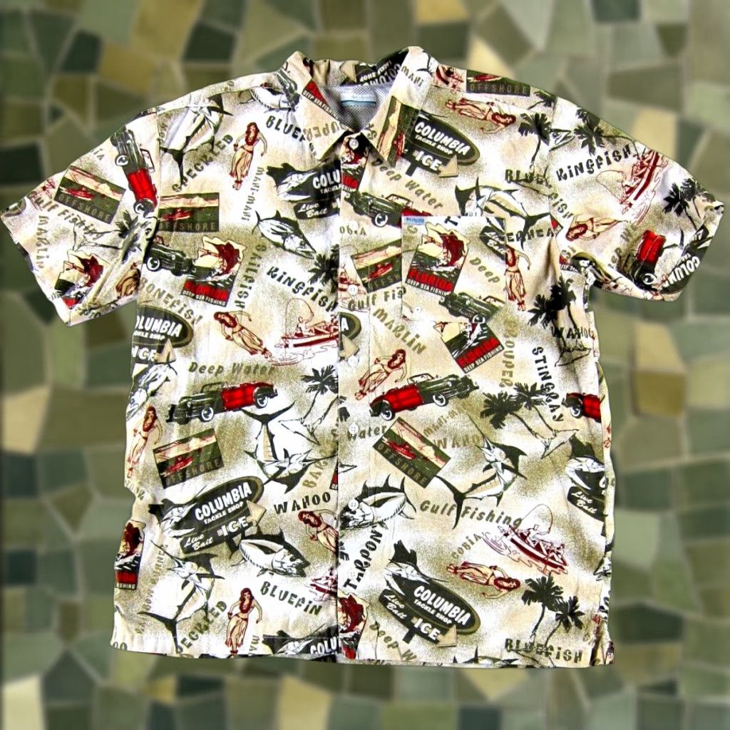 Vintage Columbia Hawaiian Shirt Men L Short Sleeve Cotton Red Florida Hula Girl Fish Brown Size US L / EU 52-54 / 3 - 1 Thumbnail