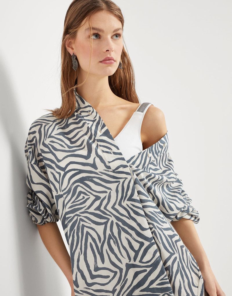 Brunello Cucinelli o1la1rc1a0326 Ethnic Print Poplin Shirt Dress in White/Blue Size M / US 6-8 / IT 42-44 - 3 Thumbnail