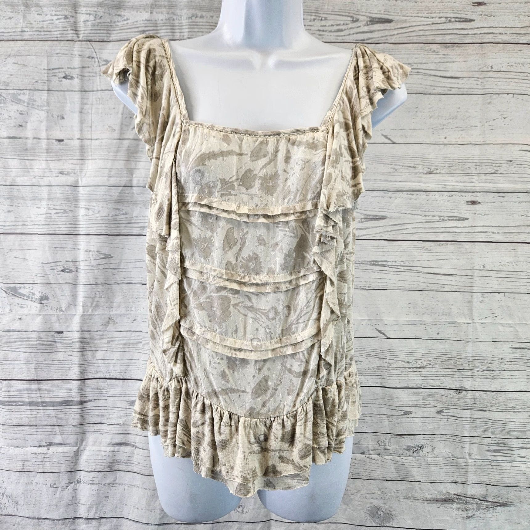Lucky Brand Lucky Brand Top Womens XS Gray Beige Floral Ruffles Size XS / US 0-2 / IT 36-38 - 2 Thumbnail