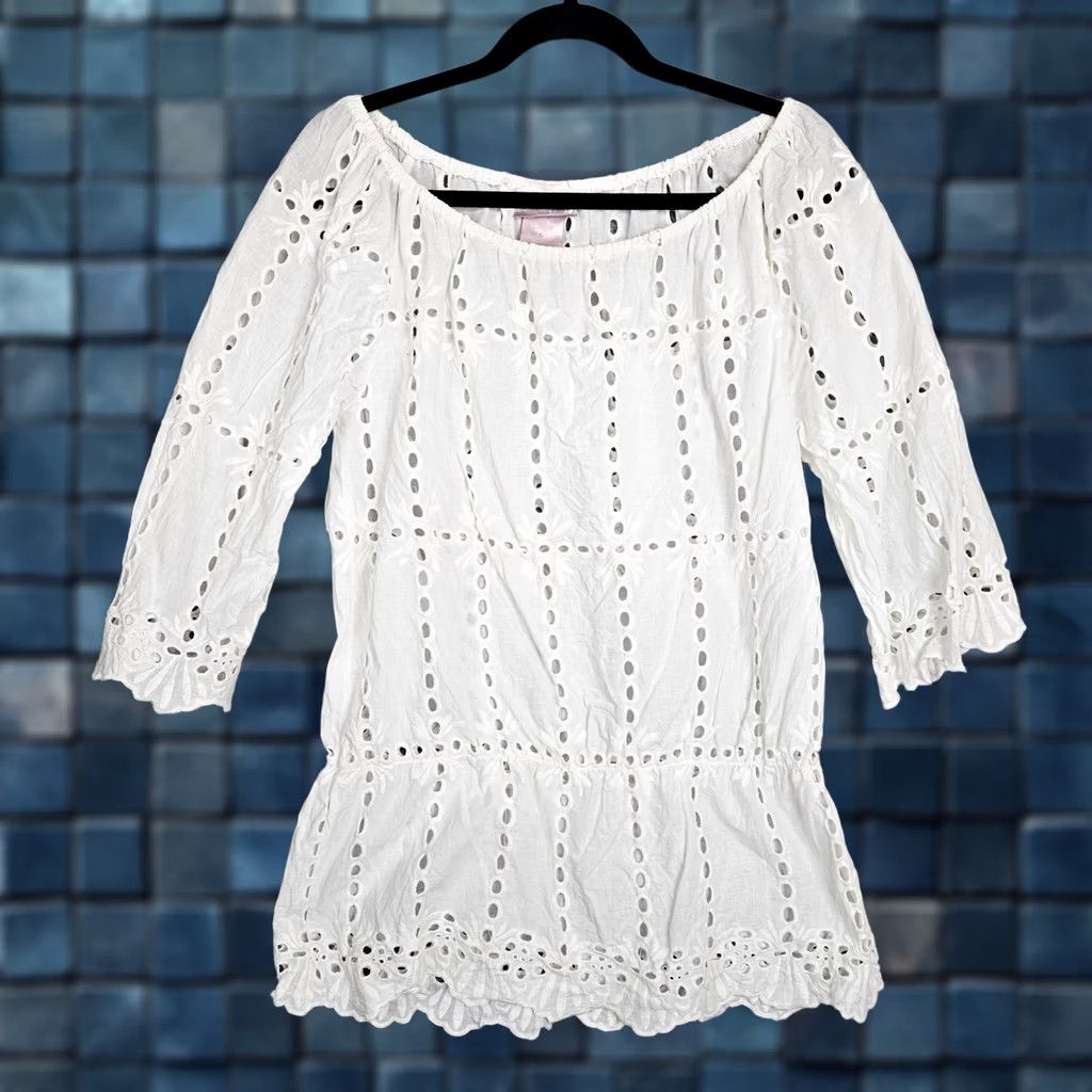 Vintage Rachel Rose Women’s Off the Shoulder White Cut out top L Shirt Adult Regular Short Sleeve Cotton Blend Size L / US 10 / IT 46 - 1 Thumbnail