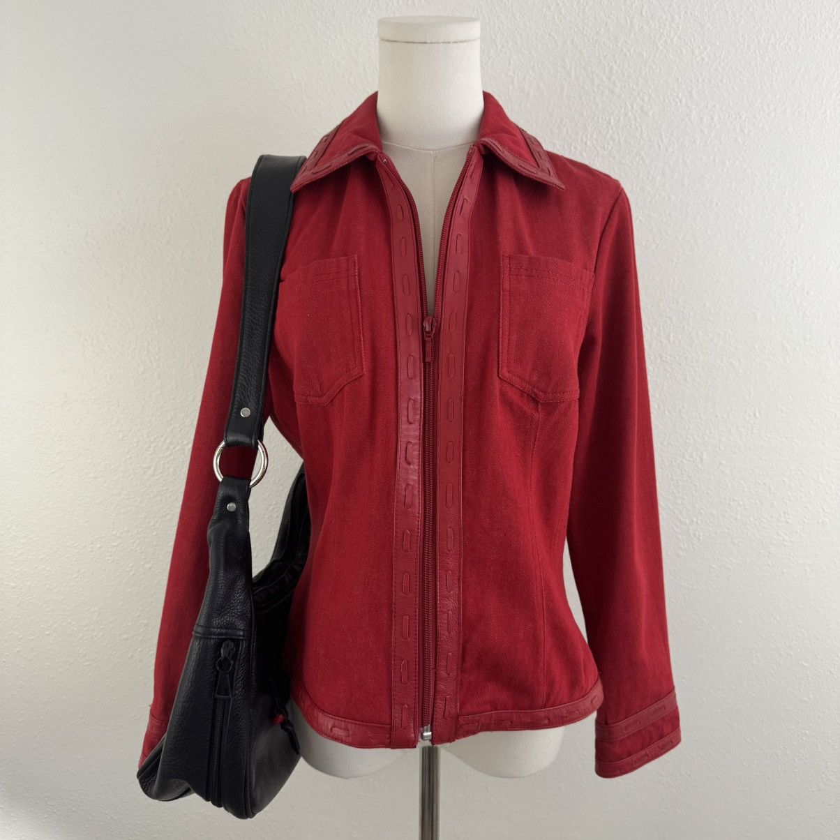 Vintage REVUE Vintage 90s Red Cotton Leather Trim Biker Moto Jacket Size S / US 4 / IT 40 - 2 Thumbnail