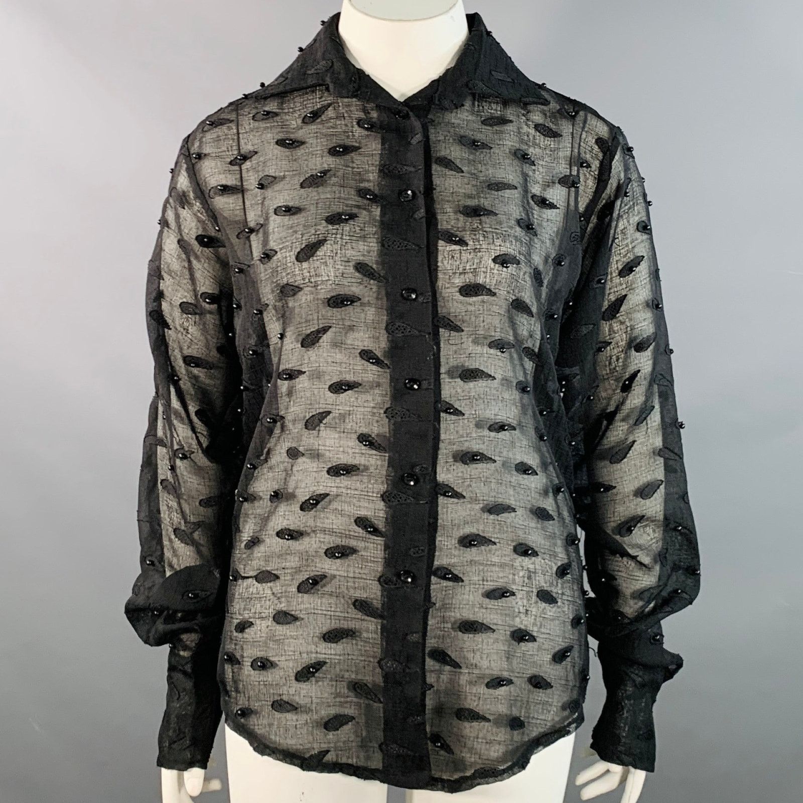Other L Sheer Black Linen Paisley Beaded Embroidered Shirt Size L / US 10 / IT 46 - 1 Thumbnail