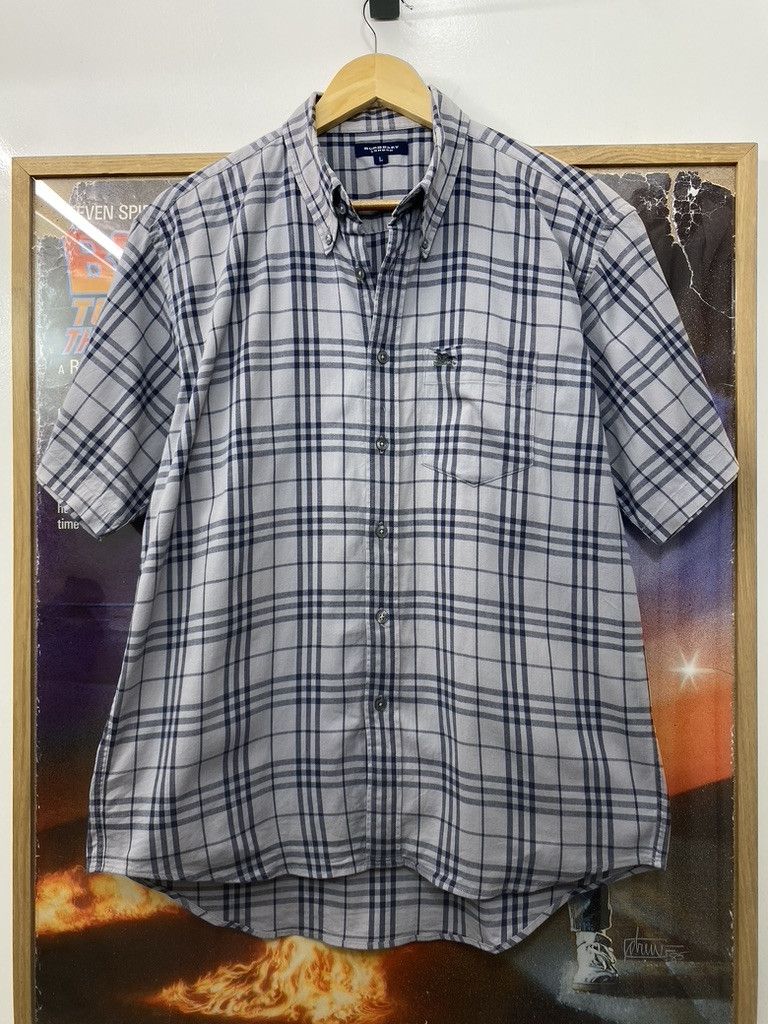 Burberry 00s Vintage Burberry Navy Grey Nova Check Short Sleeve Shirt Size US L / EU 52-54 / 3 - 6 Thumbnail