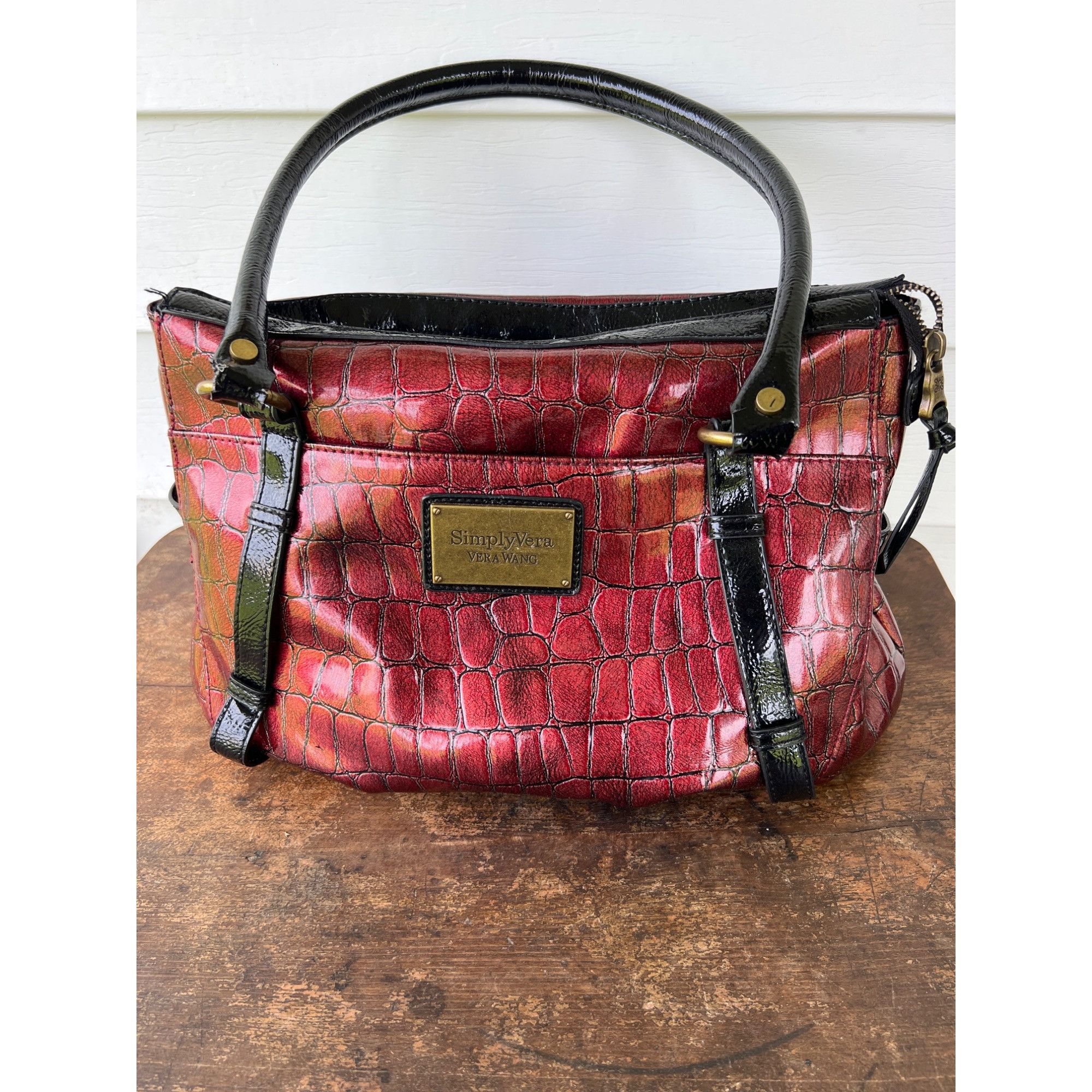 Vintage Simply Vera Vera Wang Red Croc Embossed Satchel Handbag With, Women's
