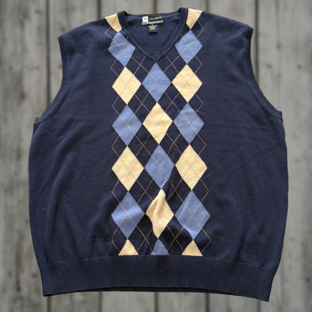 Jos. A. Bank Jos A Bank Leadbetter Golf Vest Men XL Blue Pima Cotton Argyle Print Lightweight Size US XL / EU 56 / 4 - 1 Thumbnail