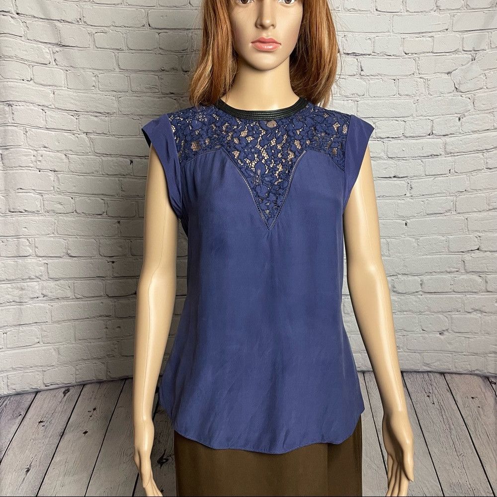 Rebecca Taylor Rebecca Taylor Sleeveless Lace Insert Silk Blue Top Size 2 Size XS / US 0-2 / IT 36-38 - 1 Thumbnail