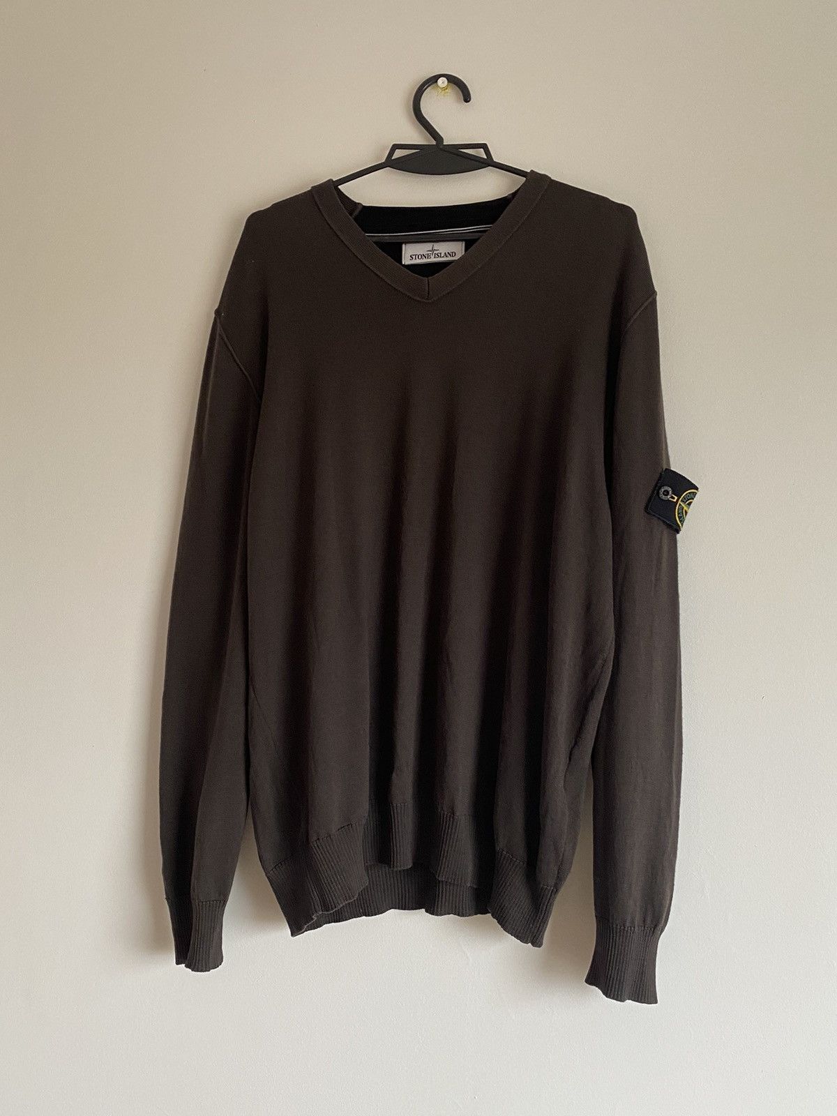 image of Stone Island V Neck Brown Sweatshirt, Men's (Size 2XL)