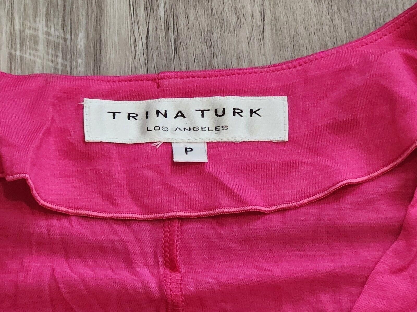 Designer Trina Turk Top Petite Small Hot Pink V Neck Silky Cap Size S / US 4 / IT 40 - 3 Thumbnail