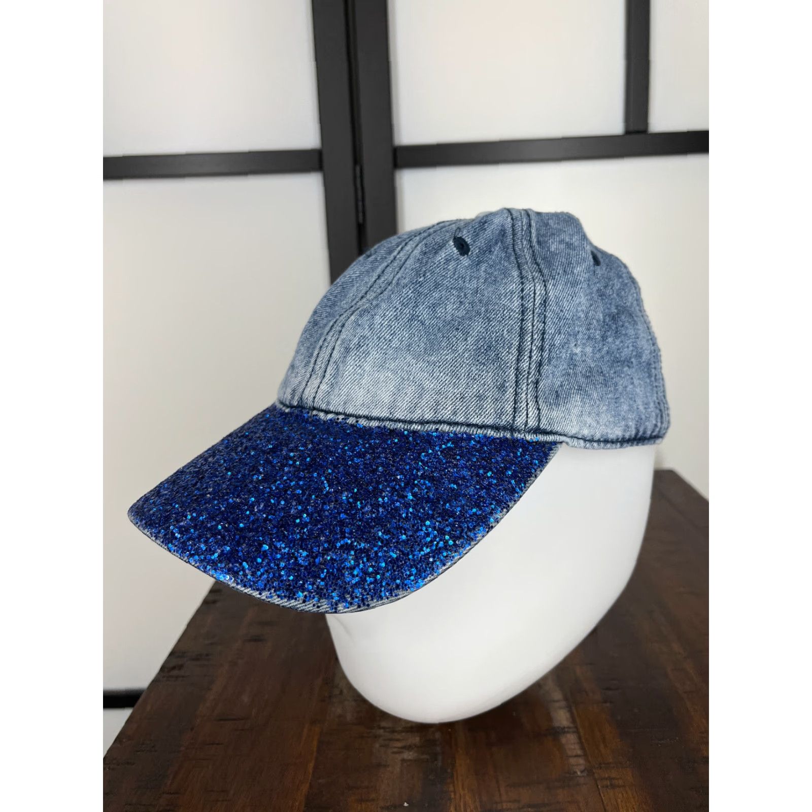 Walmart Walmart Hat Strap Back Womens One Size Blue Denim Look Glittery Sparkly Bill Cotton Size ONE SIZE - 4 Thumbnail