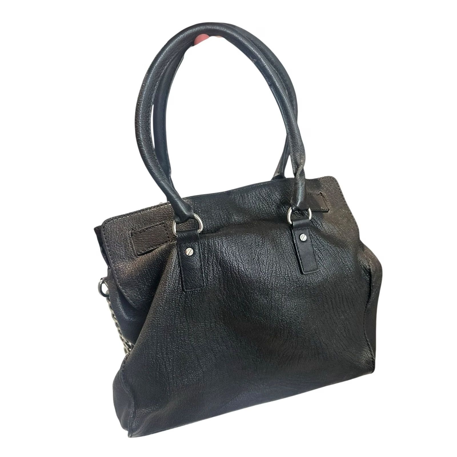 Michael Kors Michael Kors Hamilton Satchel Tote Bag Large Black Pebbled Leather Silver Lock Chain Women Size ONE SIZE - 6 Thumbnail