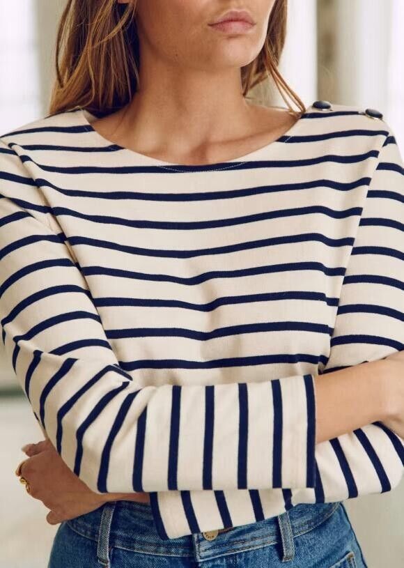 Sezane Sezane Women Long Sleeve Navy Blue Striped Organic T-shirt Size XL / US 12-14 / IT 48-50 - 14 Thumbnail