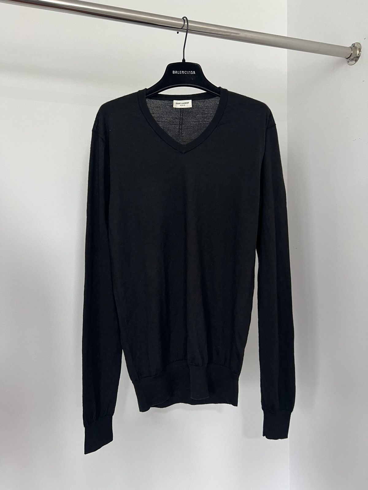 image of Saint Laurent Paris 2014 Silk Cashmere V-Neck Sweater in Black, Men's (Size Small)