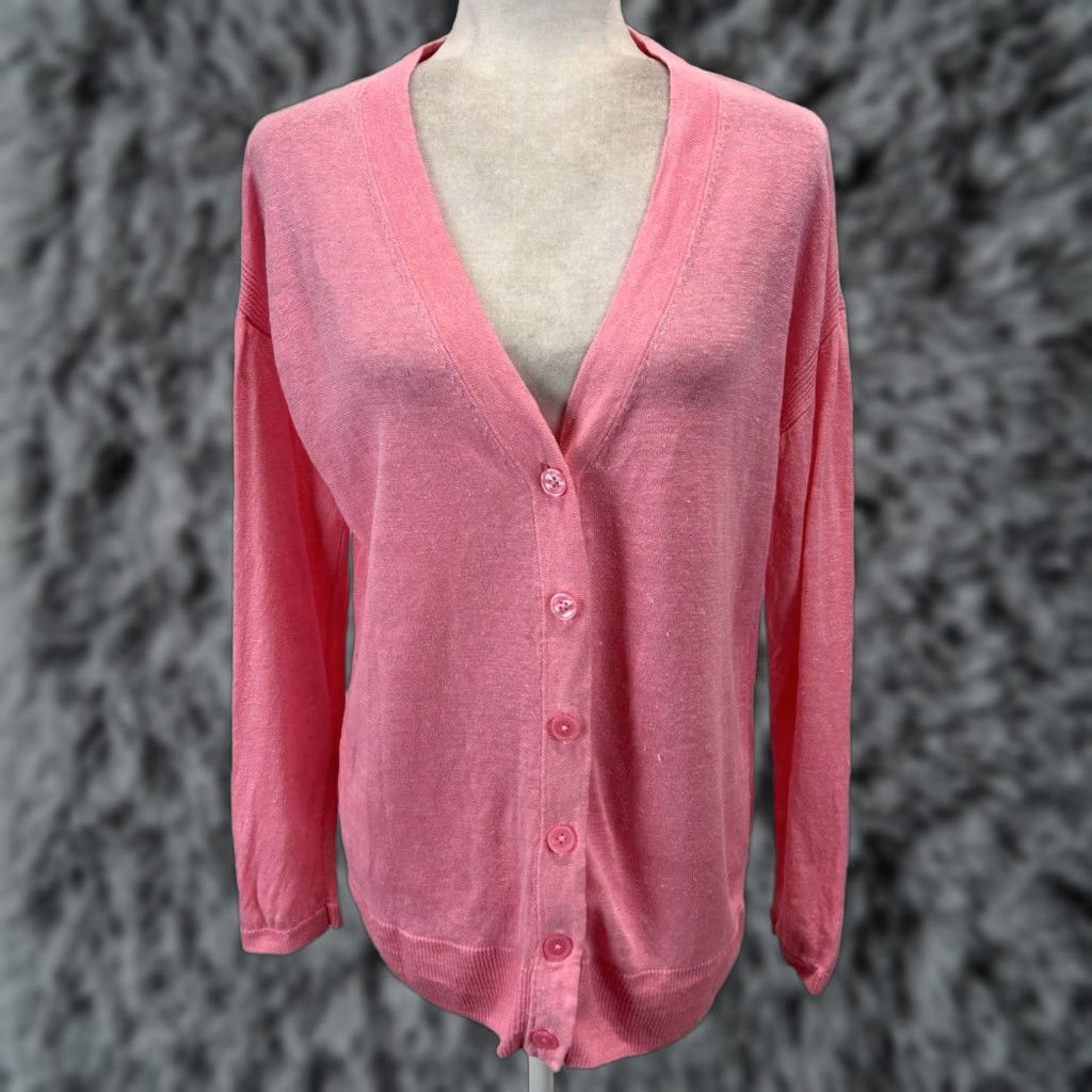 Talbots Talbots 100% Linen Cardigan Sweater Medium Pink V-Neck Womens Casual Classic Preppy Size M / US 6-8 / IT 42-44 - 1 Thumbnail
